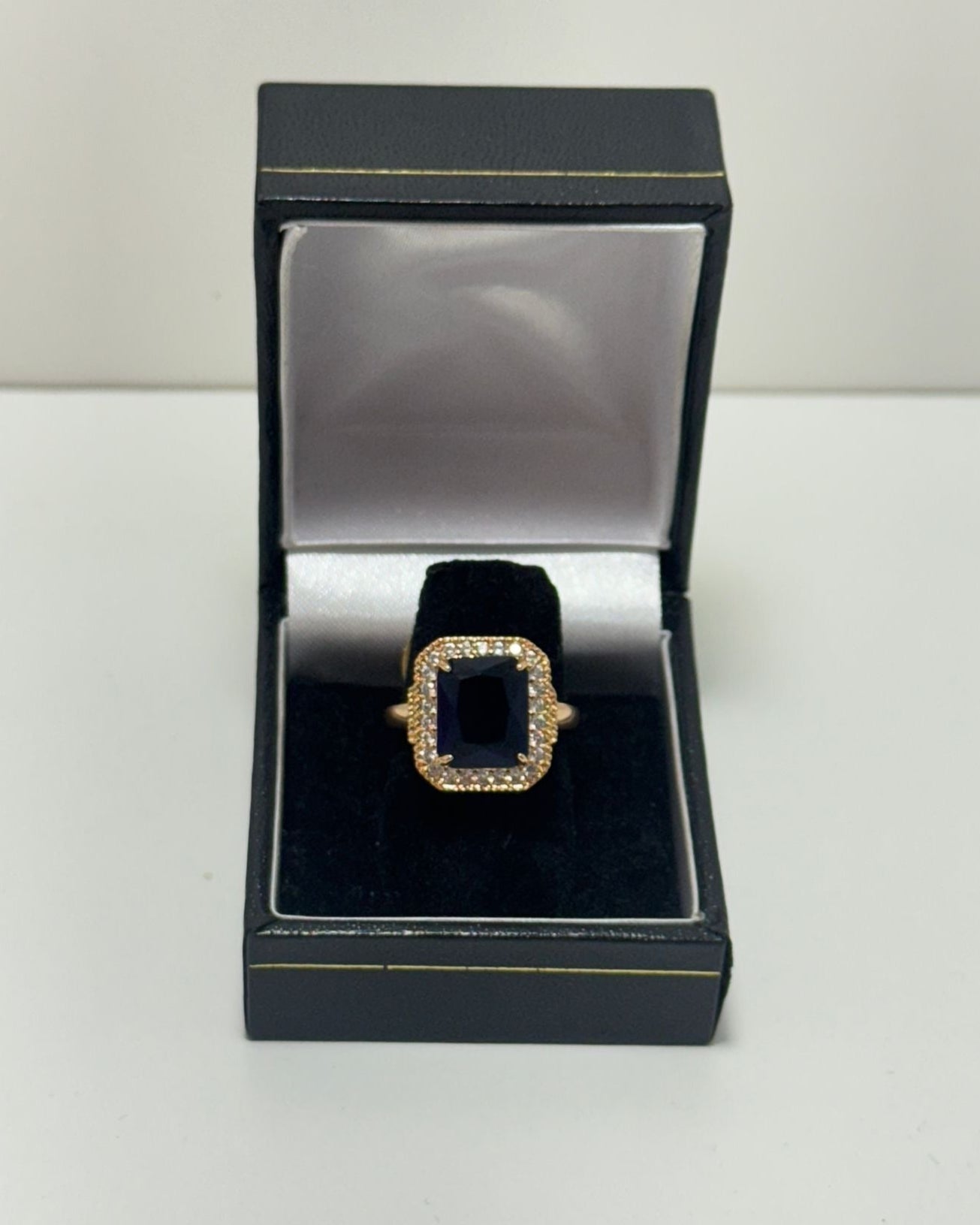 Piedra Cristal Azul Marino Anillo Cóctel Cover Gold Rosado